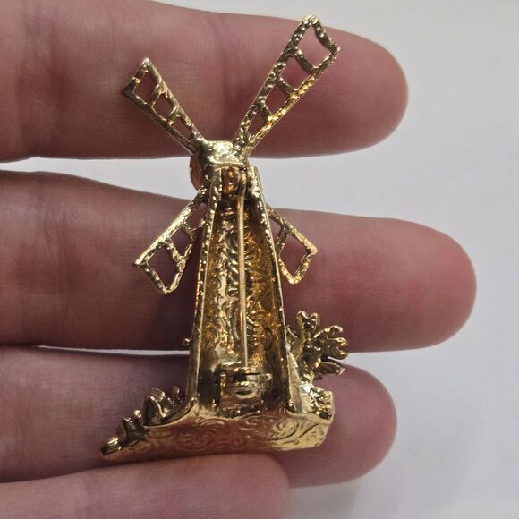 Vintage 1928 Windmill Standing Brooch Pin Faux Pearl Rhinestone Gold Tone Rare - Picture 2 of 4
